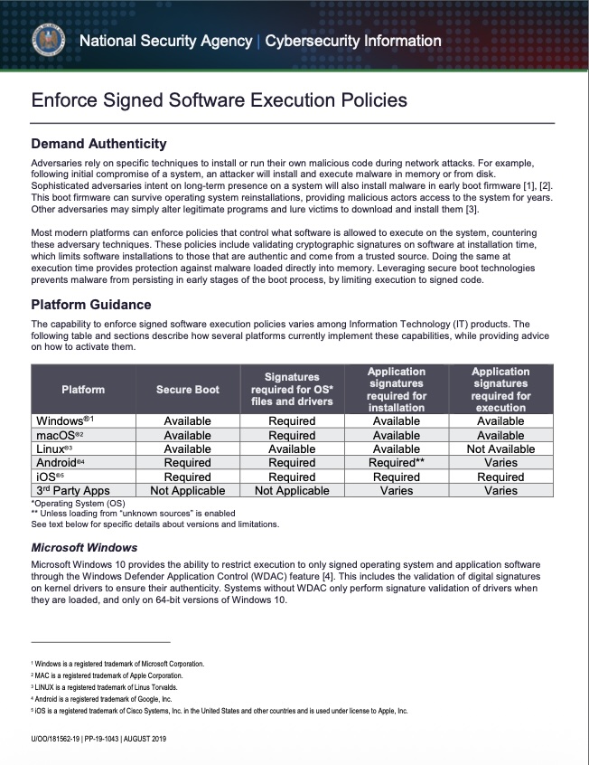  Info Sheet: Enforce Signed Software Execution Policies (August 2019)