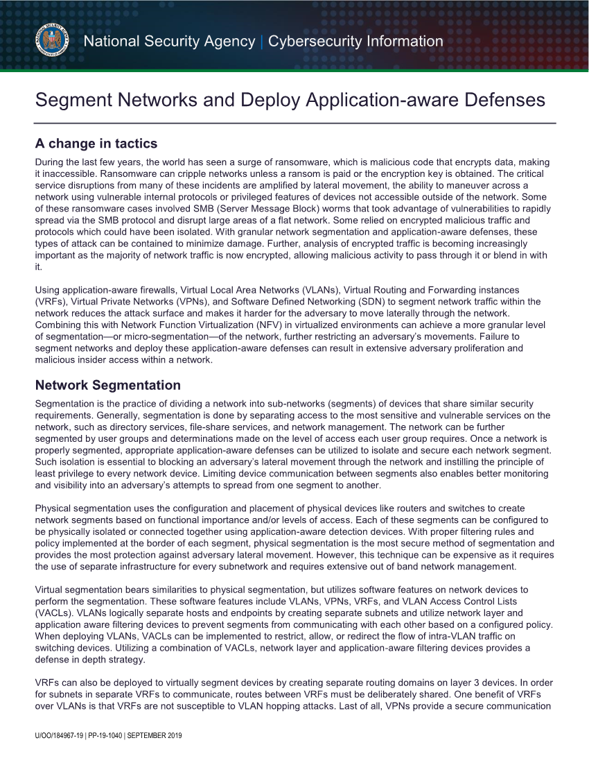  Info Sheet: Segment Networks and Deploy Application-Aware Defenses (September 2019)