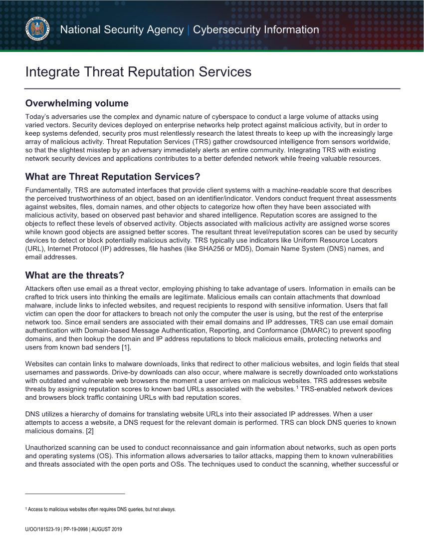  Info Sheet: Integrate Threat Reputation Services (August 2019)
