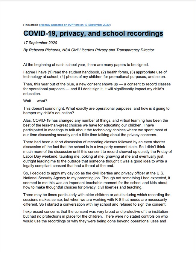  IAPP COVID PRIVACY AND SCHOOL RECORDINGS BLOG 20200917