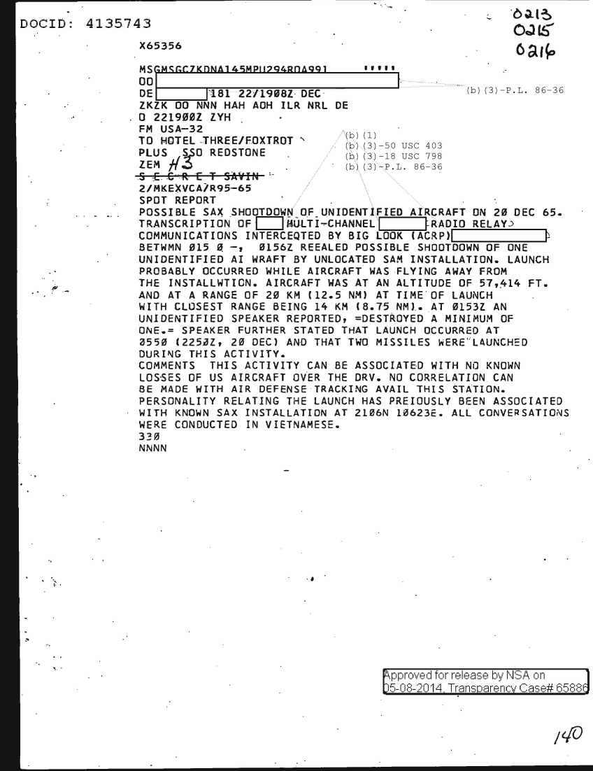  POSSIBLE SAM SHOOTDOWN OF UNIDENTIFIED AIRCRAFT ON 20 DECEMBER 1965 0216.PDF