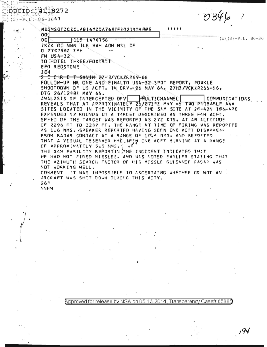  POSSIBLE SHOOTDOWN OF U.S. AIRCRAFT IN DRV,  26 MAY 1966, FOLLOW UP NR 1 0346.PDF