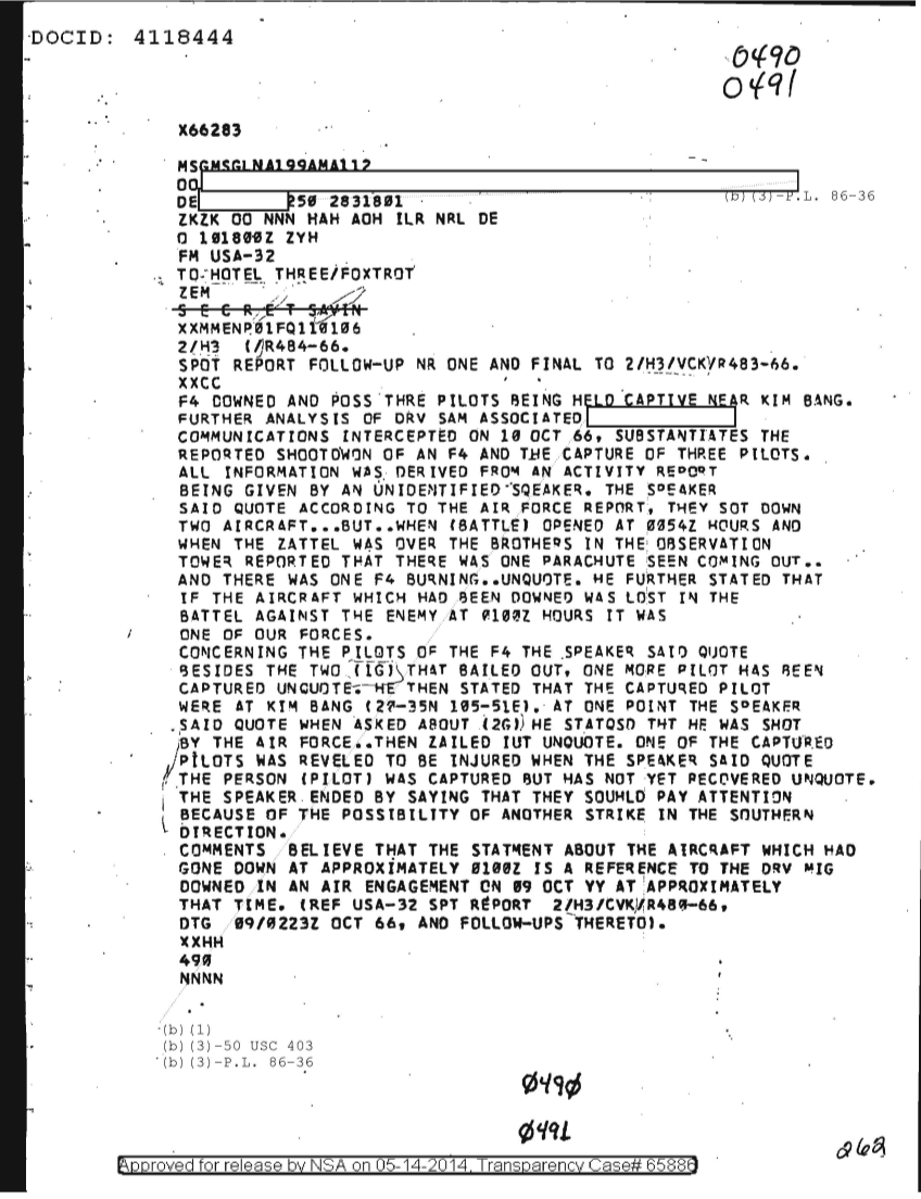  F4 DOWNED AND POSSIBLY THREE PILOTS BEING HELD CAPTIVE NEAR KIM BANG, FOLLOW UP NR ONE 0490.PDF