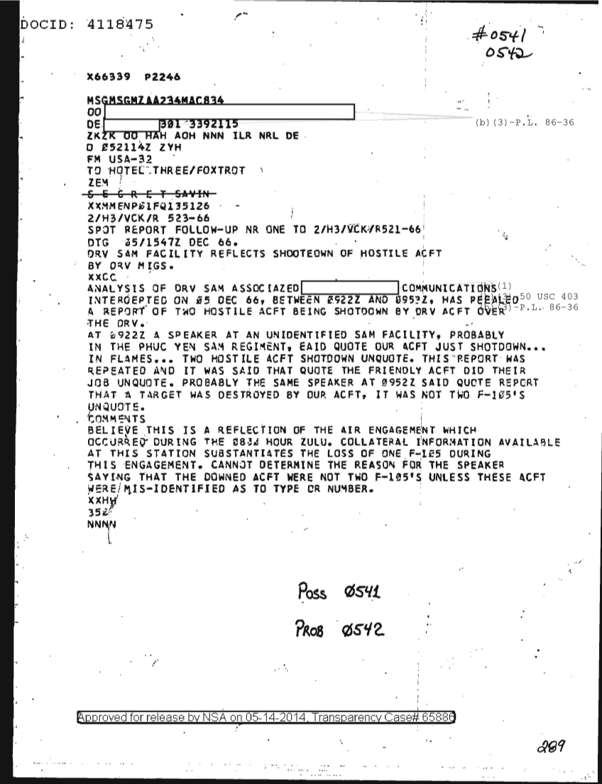  DRV SAM FACILITY REFLECTS SHOOTDOWN OF HOSTILE AIRCRAFT BY DRV MIGS, FOLLOW UP NR ONE 0541.PDF