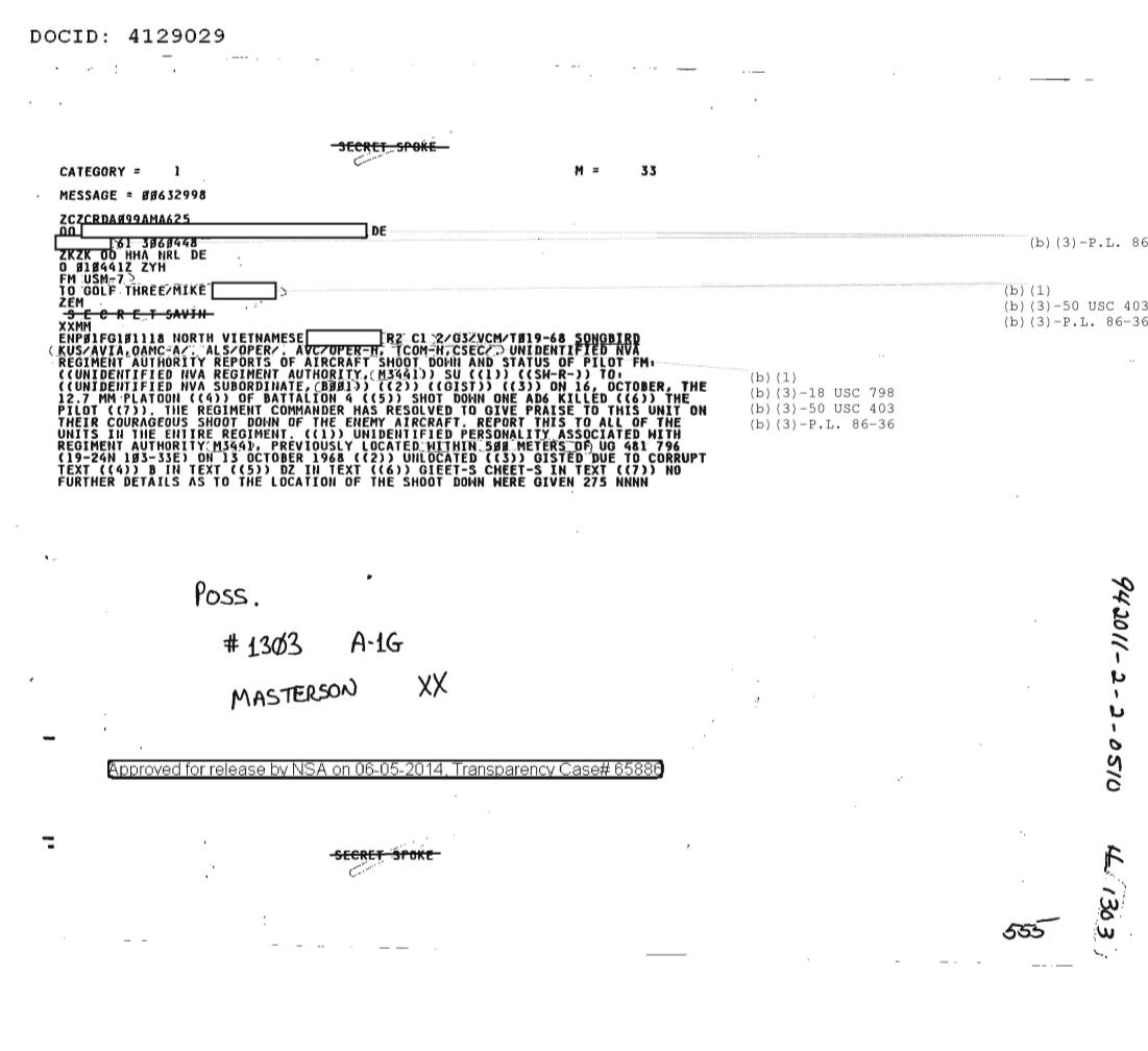  UNIDENTIFIED NVA REGIMENT AUTHORITY REPORTS OF AIRCRAFT SHOOTDOWN AND STATUS OF PILOT 1303.PDF
