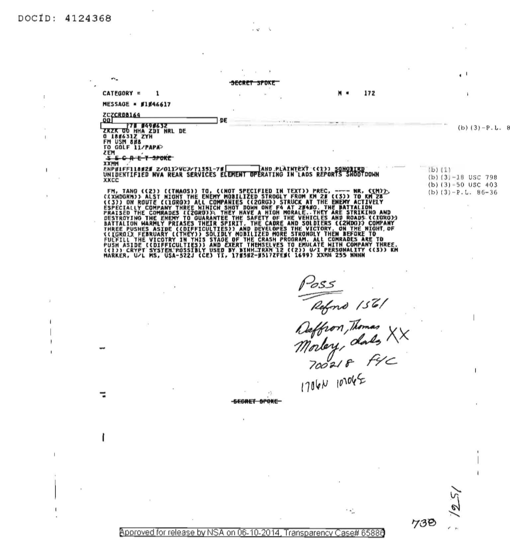  UNIDENTIFIED NVA REAR SERVICES ELEMENT OPERATING IN LAOS REPORTS SHOOTDOWN 1561.PDF
