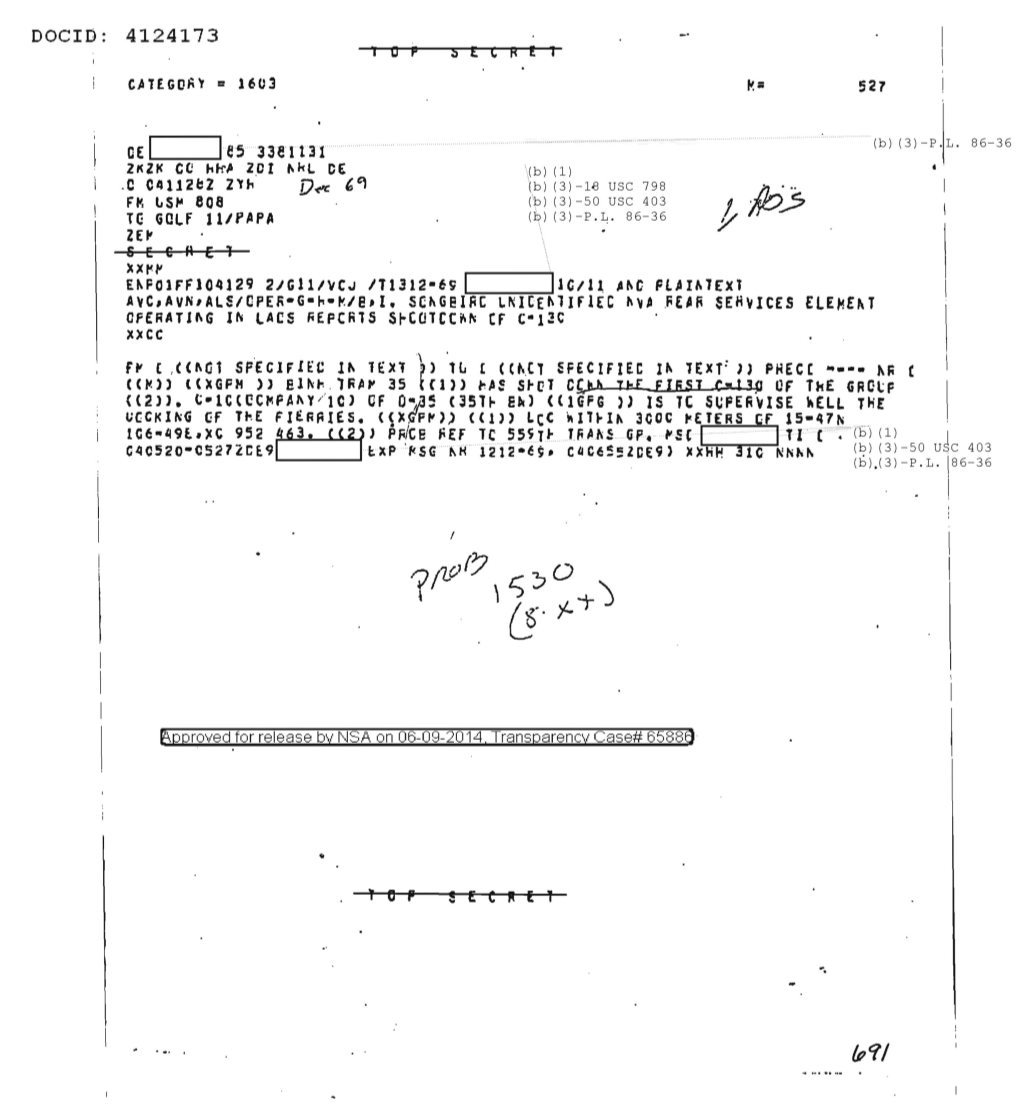  UNIDENTIFIED NVA REAR SERVICES ELEMENT OPERATING IN LAOS REPORTS SHOOTDOWN OF C-130 1530.PDF