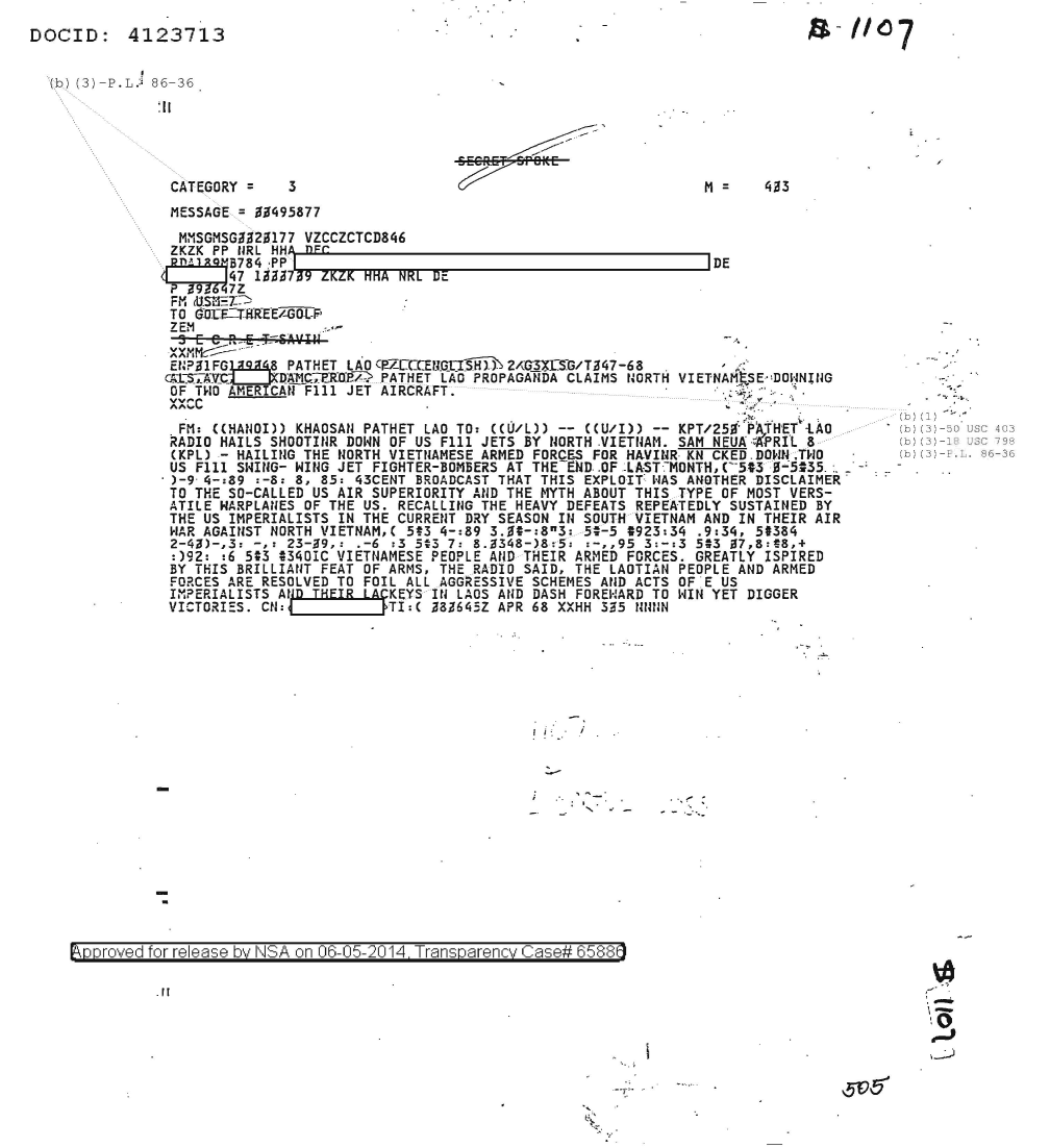  PATHET LAO PROPAGANDA CLAIMS NORTH VIETNAMESE DOWNING OF TWO AMERICAN F111 JET AIRCRAFT 1107.PDF