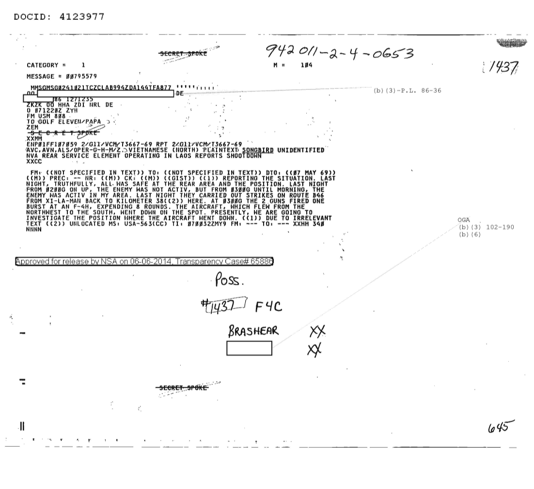  UNIDENTIFIED NVA REAR SERVICE ELEMENT OPERATING IN LAOS REPORTS SHOOTDOWN 1437.PDF