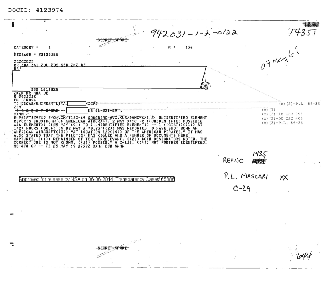  UNIDENTIFIED ELEMENT REPORTS SHOOTDOWN OF AMERICAN AIRCRAFT 2 MAY 1969 1435.PDF