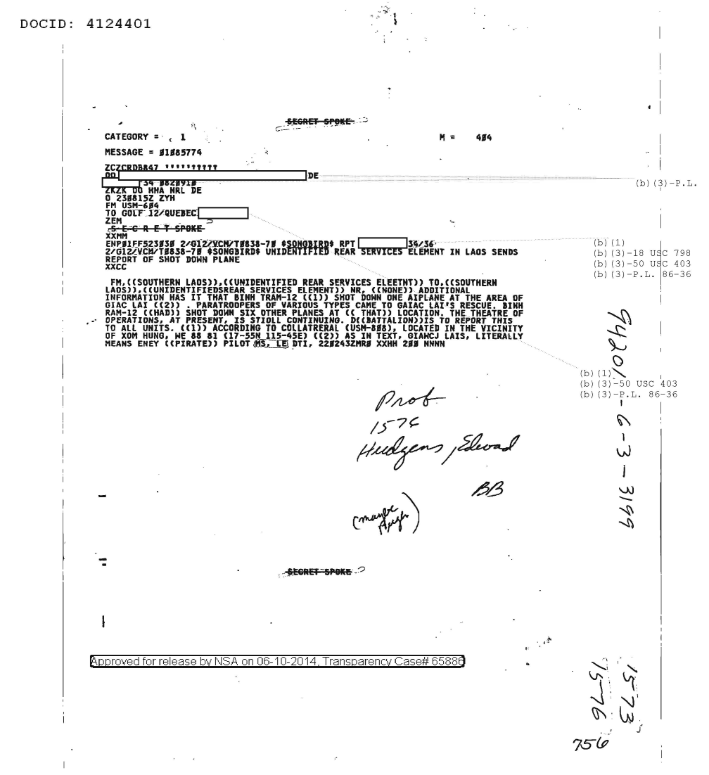  UNIDENTIFIED REAR SERVICES ELEMENT IN LAOS SENDS REPORT OF SHOT DOWN PLANE 1576.PDF