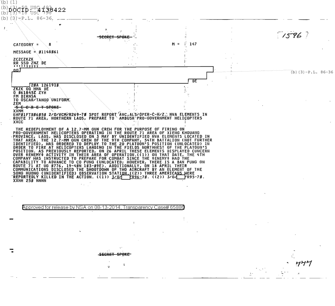  NVA ELEMENTS IN ROUTE 71 AREA, NORTHERN LAOS, PREPARE TO AMBUSH PRO-GOVERNMENT HELICOPTERS 1596.PDF