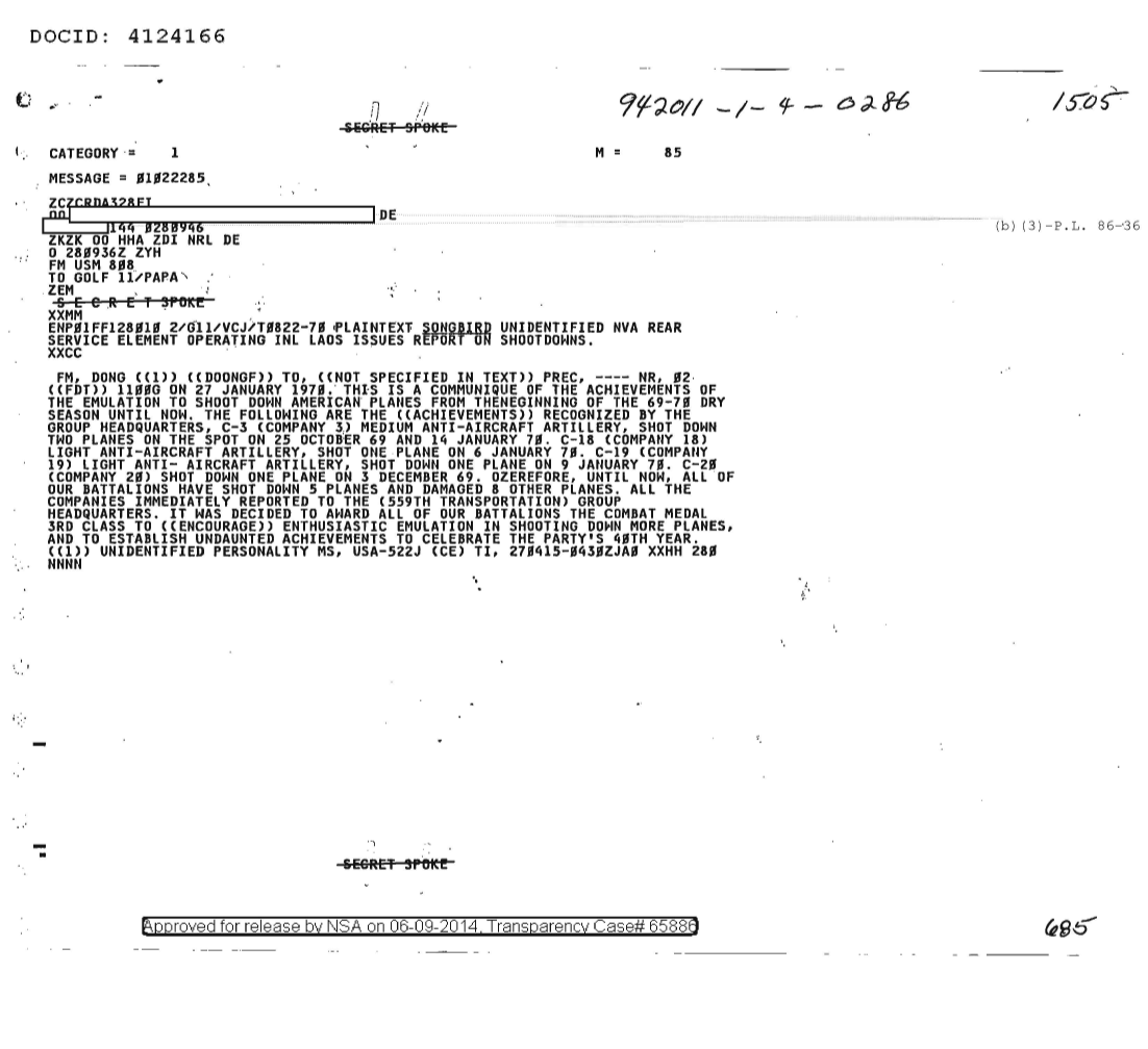  UNIDENTIFIED NVA REAR SERVICE ELEMENT OPERATING IN LAOS ISSUES REPORT ON SHOOTDOWNS 1546.PDF