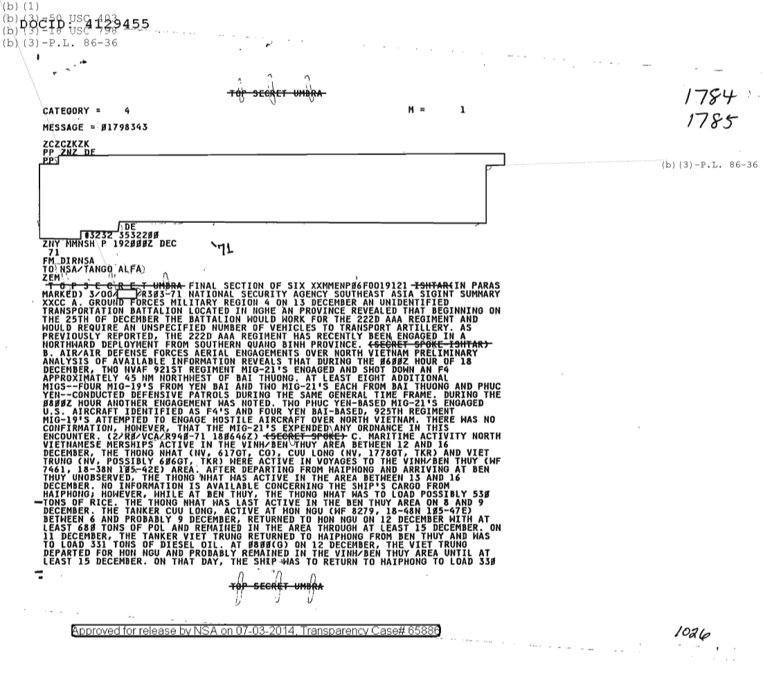  NATIONAL SECURITY AGENCY SOUTHEAST ASIA SIGINT SUMMARY, FINAL SECTION OF SIX 1784.PDF