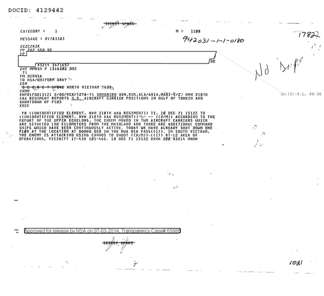  NVN 218TH AAA REGIMENT REPORTS U.S. AIRCRAFT CARRIER POSITIONS IN GULF OF TONKIN AND SHOOTDOWN OF F-105 1782.PDF