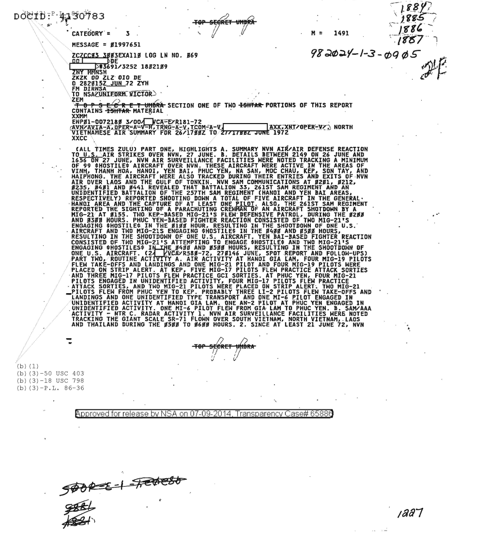  NORTH VIETNAMESE AIR SUMMARY FOR 26-1700Z TO 27-1700Z JUNE 1972, SECTION ONE OF TWO 1884.PDF