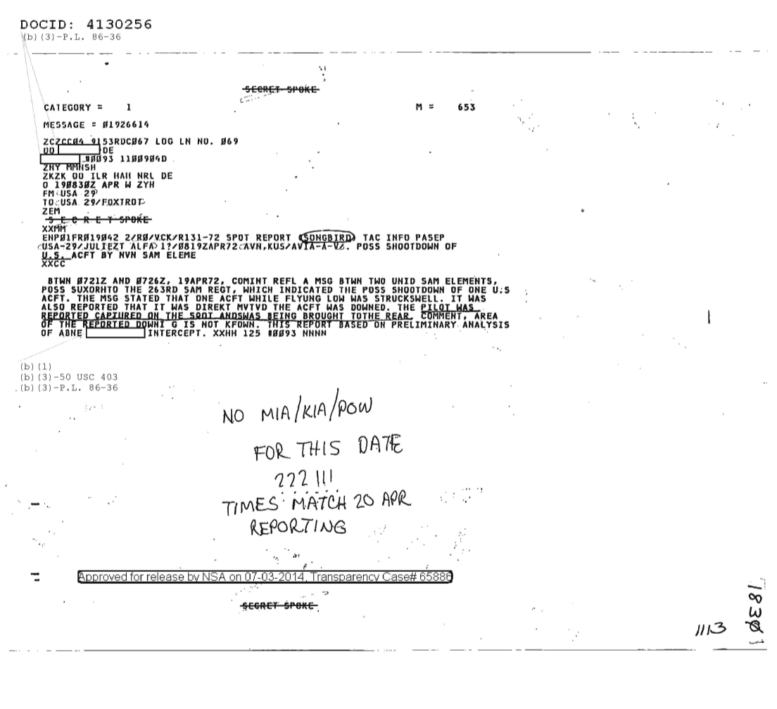  POSSIBLE SHOOTDOWN OF U.S. AIRCRAFT BY NVN SAM ELEMENT 1830.PDF