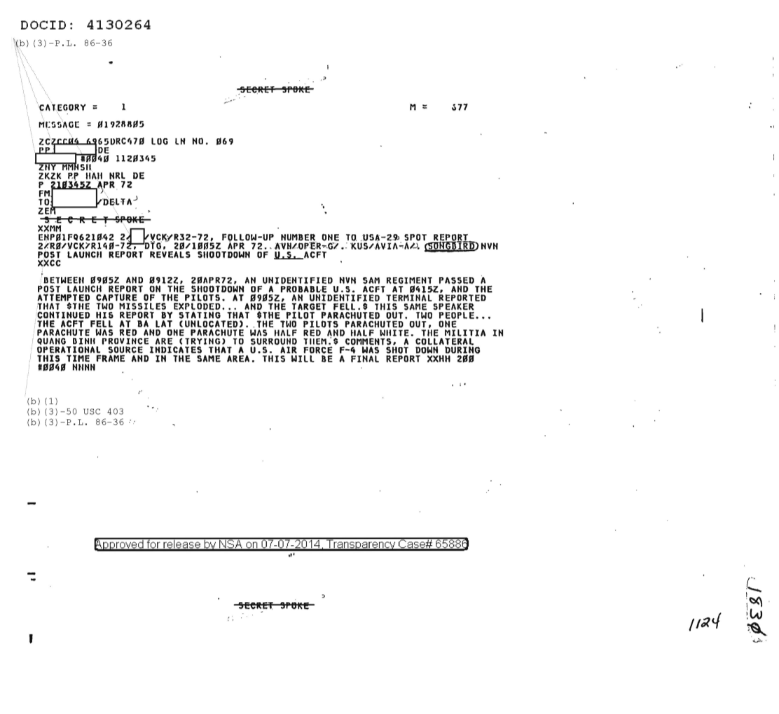  NVN POST LAUNCH REPORT REVEALS SHOOTDOWN OF U.S. AIRCRAFT, FOLLOW-UP NR ONE (1124) 1830.PDF