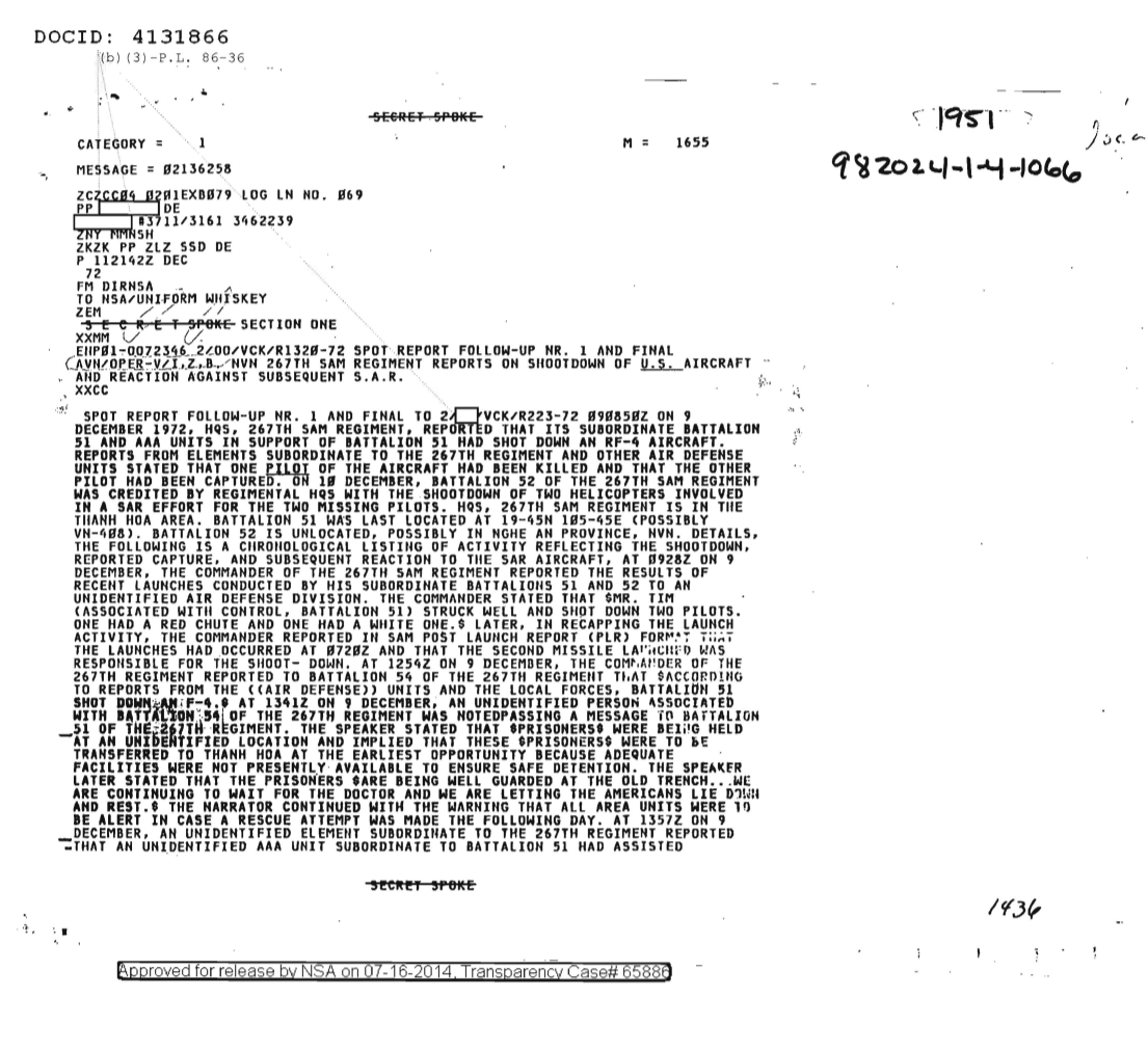  NVN 267TH SAM REGIMENT REPORTS ON SHOOTDOWN OF U.S. AIRCRAFT AND REACTION AGAINST SUBSEQUENT S.A.R., FOLLOW-UP NR ONE, SECTION ONE 1951.PDF