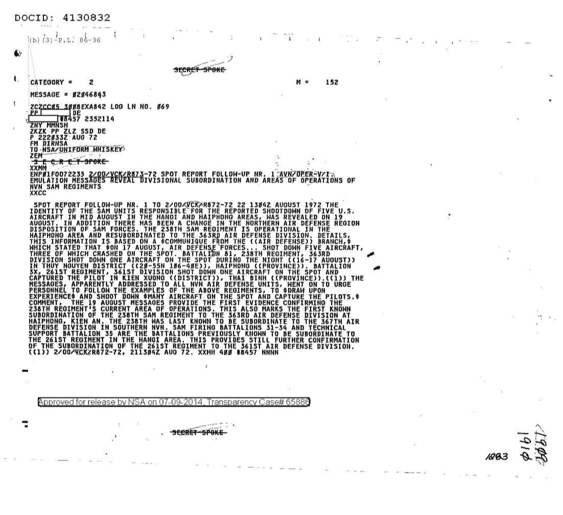  EMULATION MESSAGES REVEAL DIVISIONAL SUBORDINATION AND AREAS OF OPERATIONS OF NVN SAM REGIMENTS, FOLLOW-UP NR ONE 1910.PDF