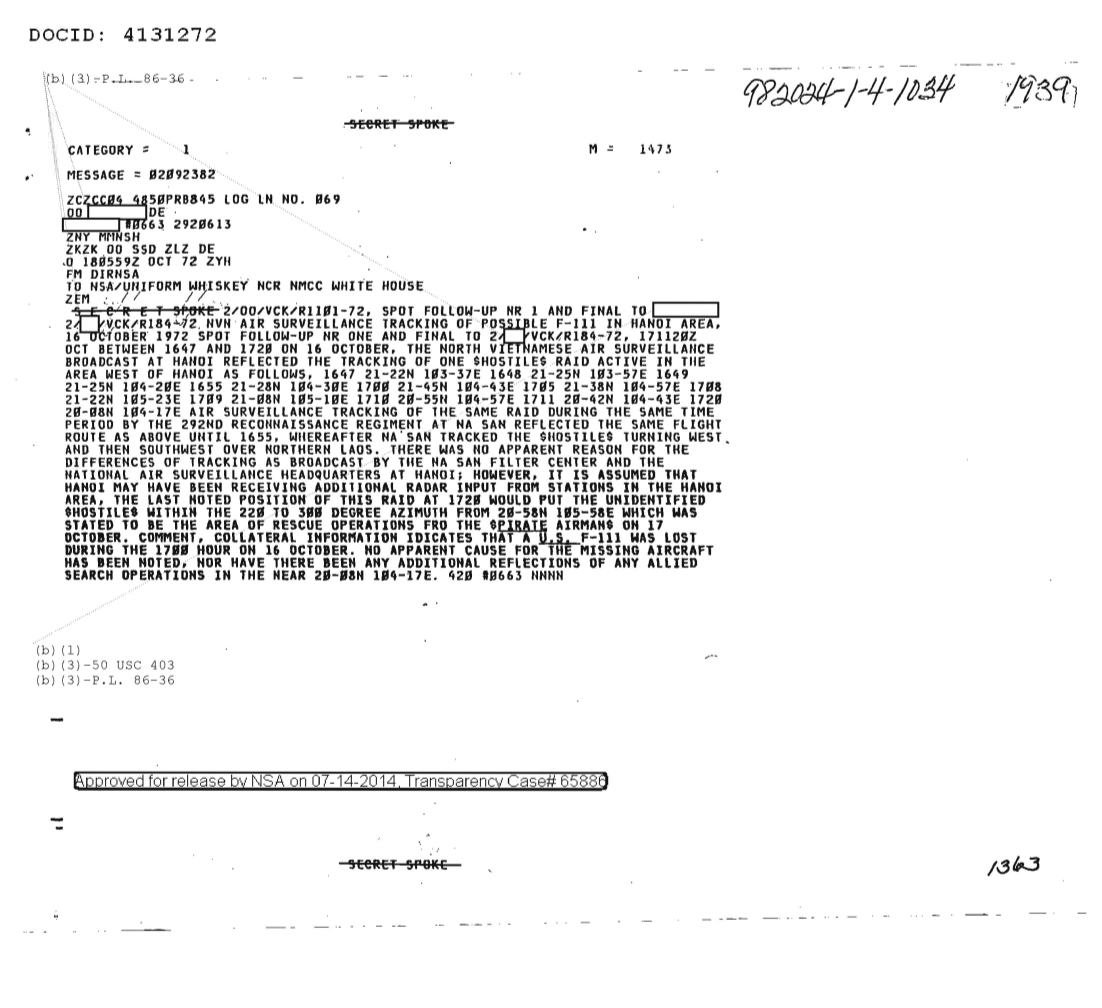  NVN AIR SURVEILLANCE TRACKING OF POSSIBLE F-111 IN HANOI AREA, 16 OCTOBER 1972, FOLLOW-UP NR ONE AND FINAL 1939.PDF