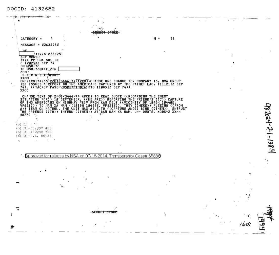  Change One Change to: Company 15, NVA Group 128 Issues a Report on Two Americans Captured by the Pathet Lao 1994