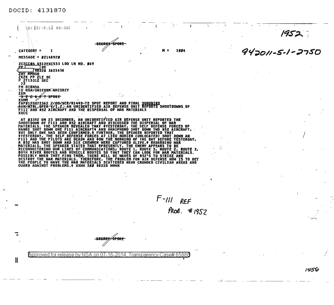  An Unidentified Air Defense Unit Reports Shootdowns of F111 and B52 Aircraft and the Dispersal of War Materials 1952