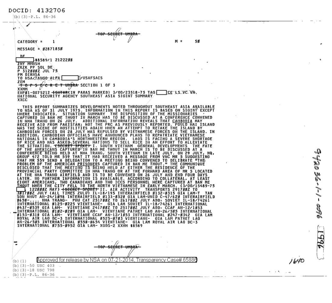  NATIONAL SECURITY AGENCY SOUTHEAST ASIA SIGINT SUMMARY, SECTION ONE OF THREE (1640) 1996.PDF