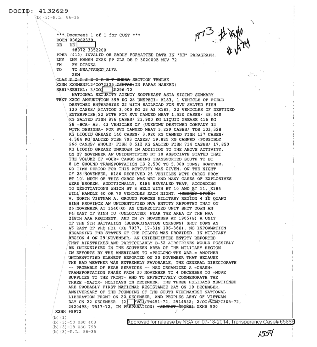  National Security Agency Southeast Asia SIGINT Summary Section Twelve (11/28/1972)