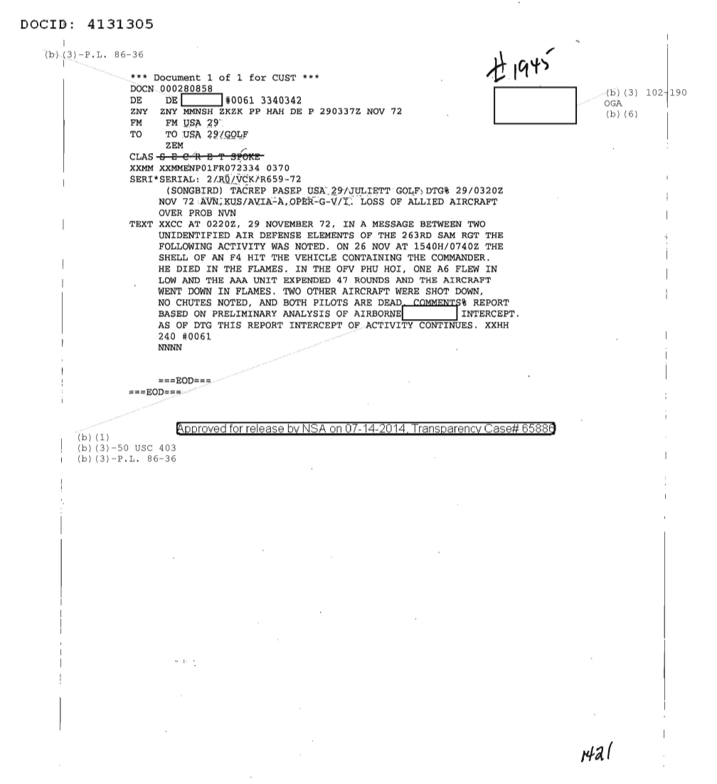  Loss of Allied Aircraft Over Probable NVN (11/28/1972)