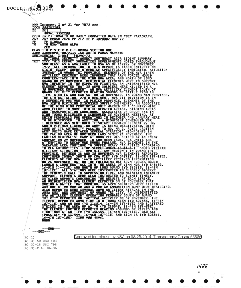  National Security Agency Southeast Asia SIGINT Summary (11/28/1972)