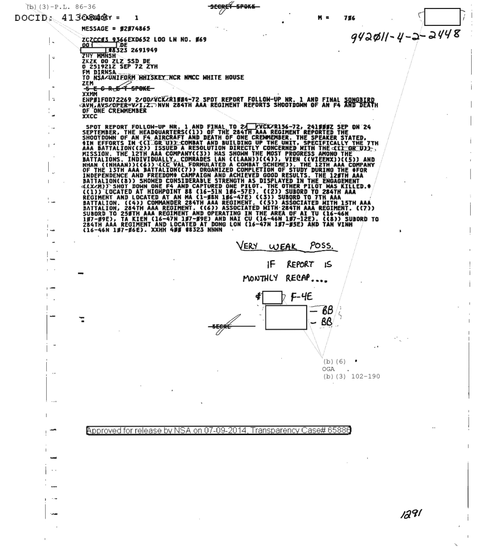  NVN 284th AAA Regiment Reports Shootdown of an F4 and Death of One Crewmember Follow-Up Nr One and Final (08/22/1972)