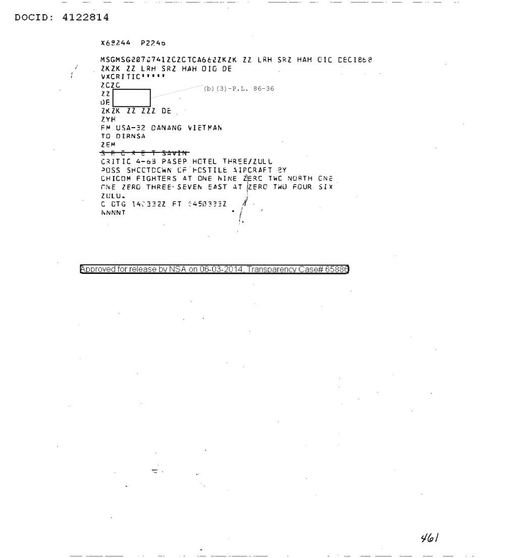  Possible Shootdown of Hostile Aircraft by CHICOM Fighters (02/14/1968)