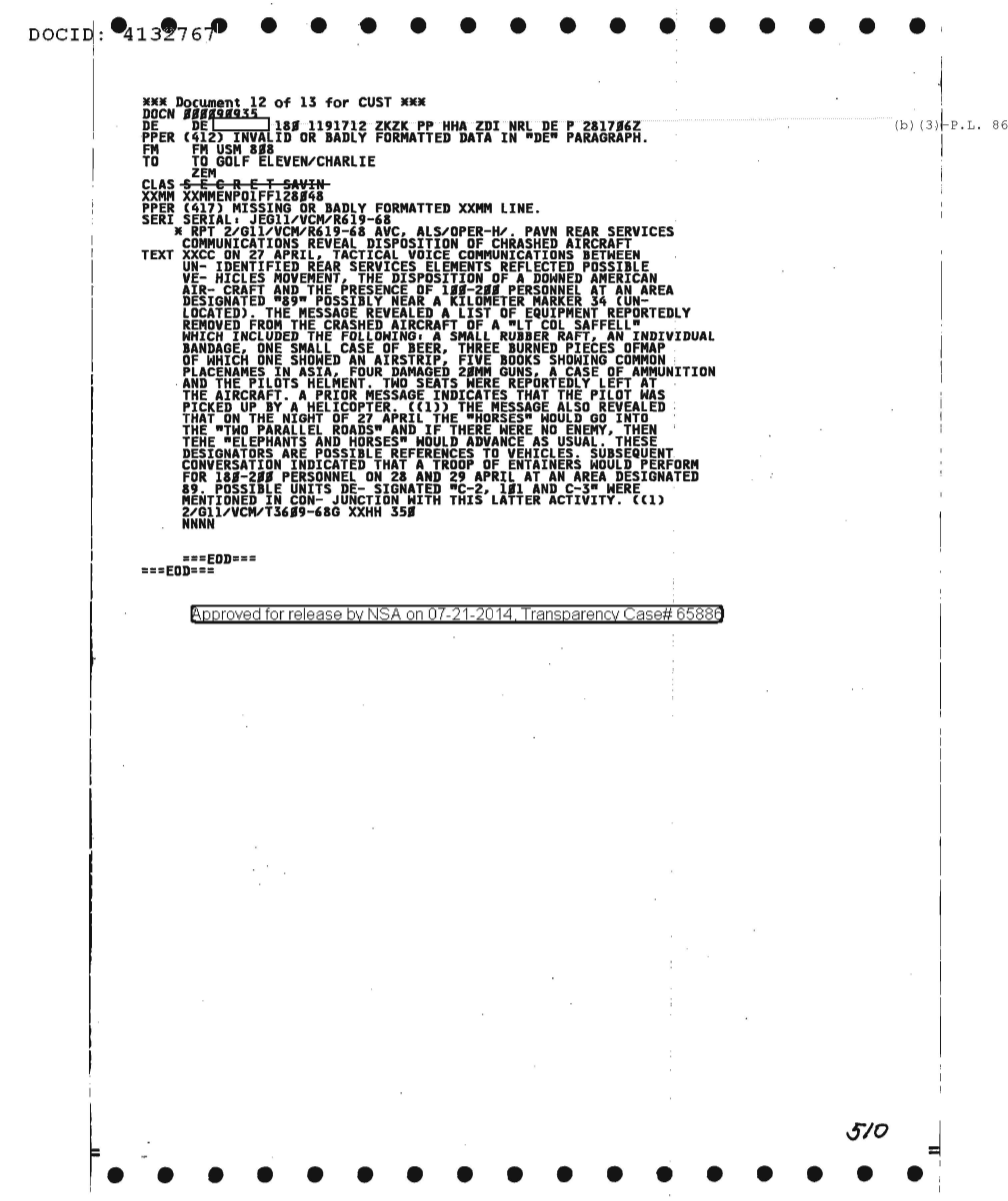  PAVN Rear Services Communications Reveal Disposition of Crashed Aircraft (04/04/1968)