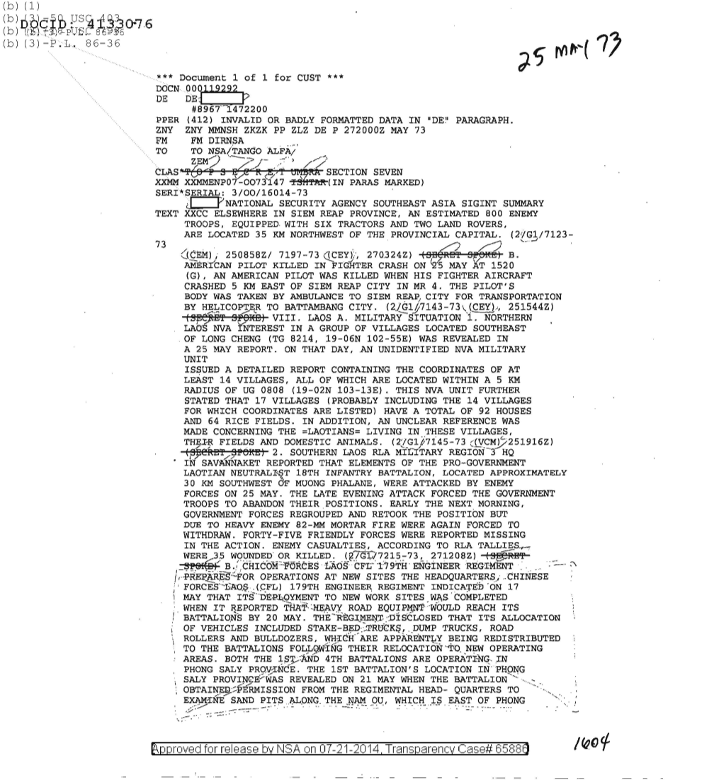  National Security Agency Southeast Asia SIGINT Summary Section Seven (05/25/1973)