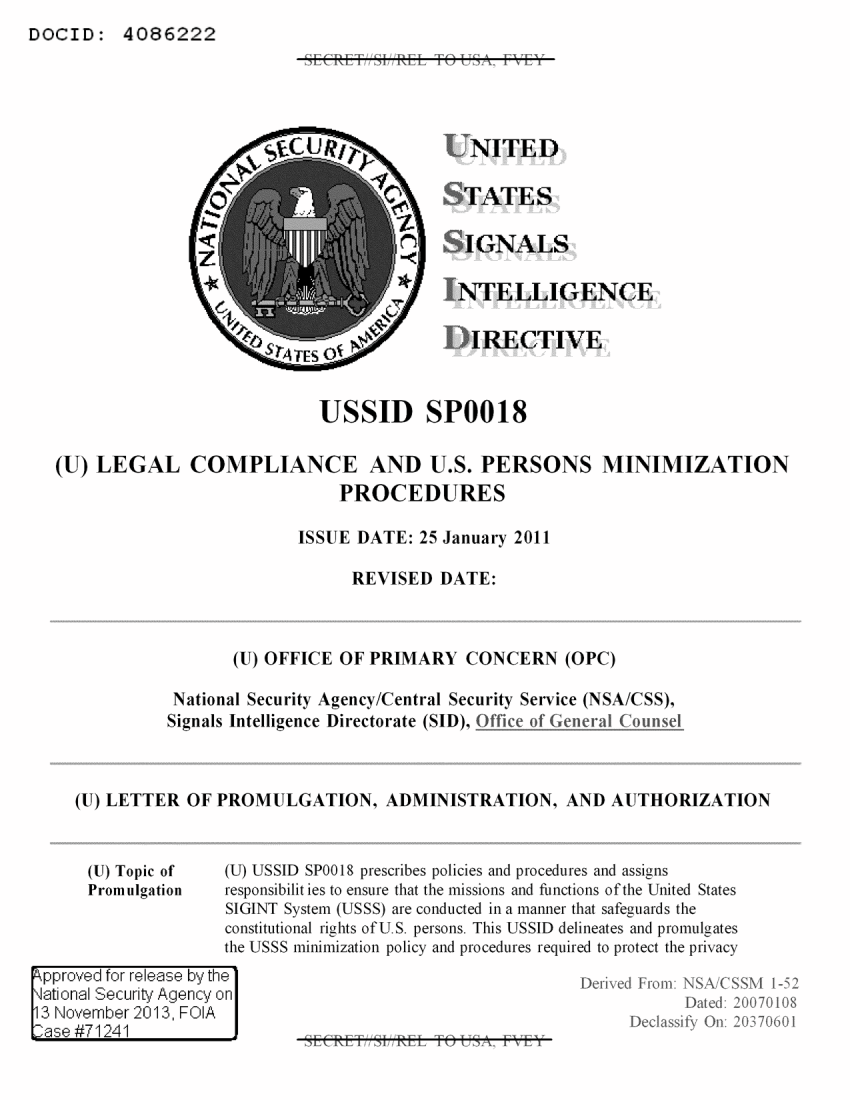  United States Signals Intelligence Directive - Legal Compliance and US Persons Minimization Procedures (USSID SP0018)