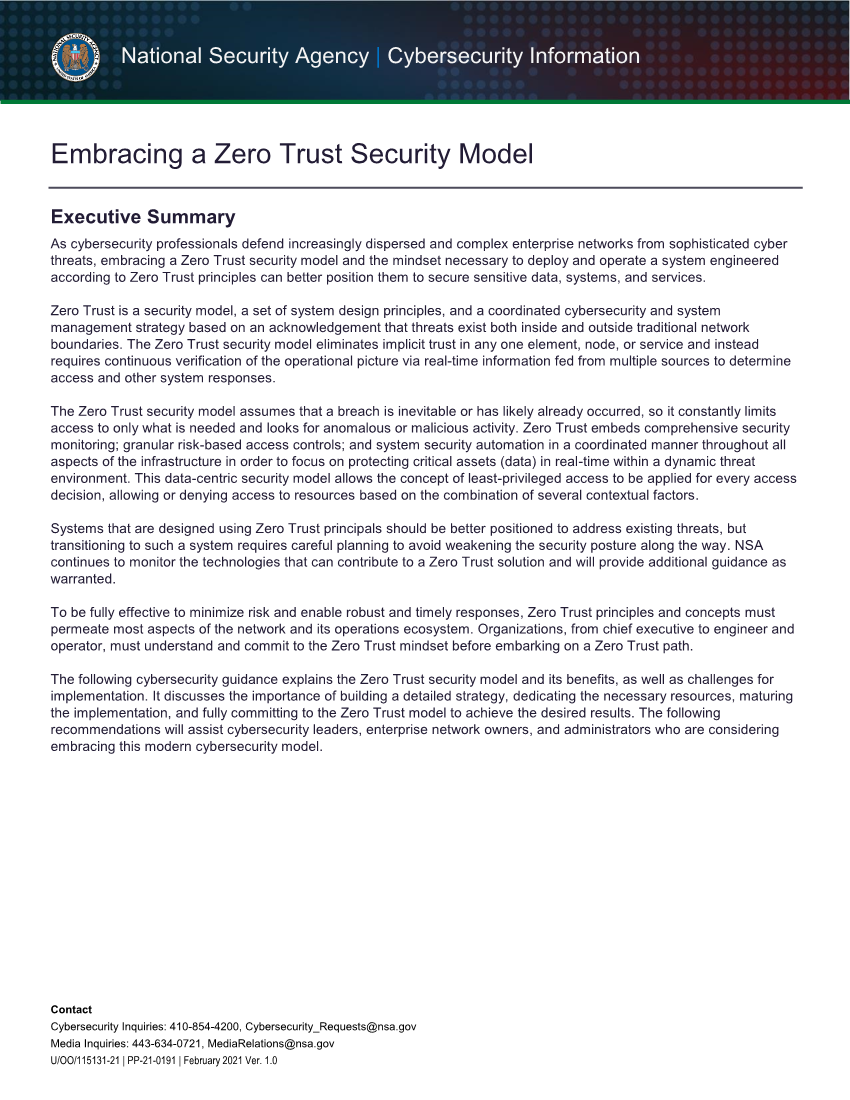  Info Sheet: Embracing a Zero Trust Security Model (February 2021)