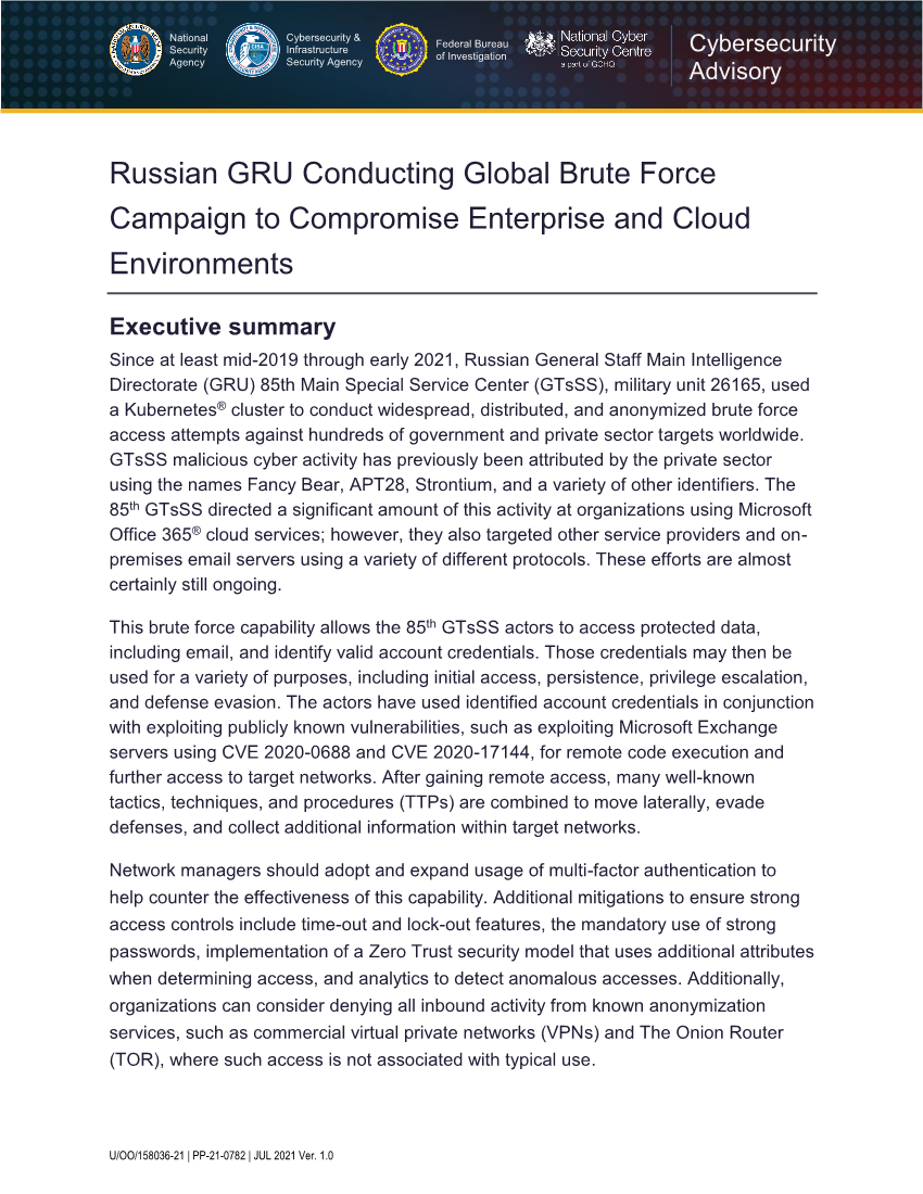  CSA: Russian GRU Global Brute Force Campaign