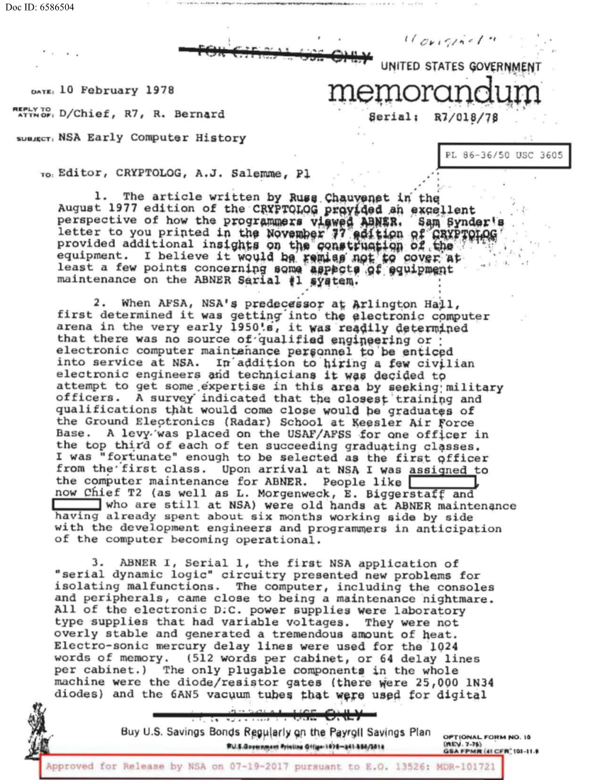  6586504-MEMORANDUM-NSA-EARLY-COMPUTER-HISTORY.PDF