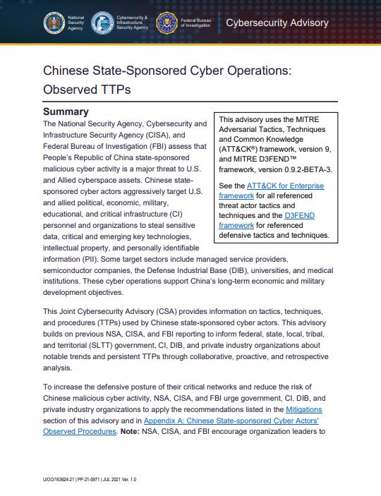  CSA: Chinese State Sponsored Cyber TTPs