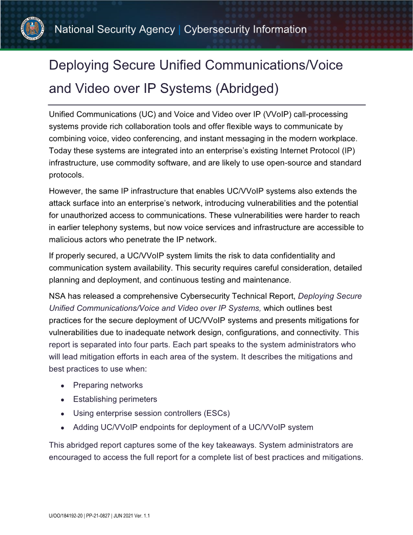  CSI: Deploying Secure Unified Communications/Voice and Video over IP Systems (Abridged) (June 2021)