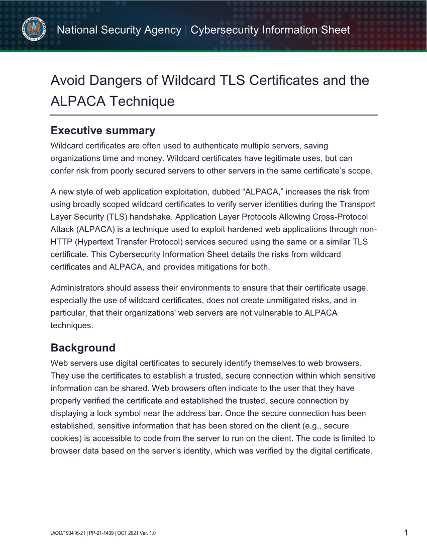  CSI: Avoid Dangers of Wildcard TLS Certificates and the ALPACA Weakness