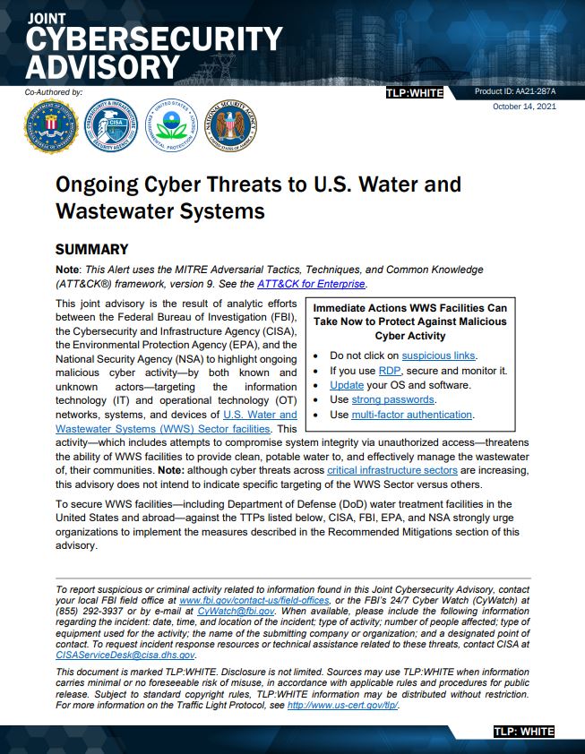  CSA: Ongoing Cyber Threats to U.S. Water and Wastewater Systems
