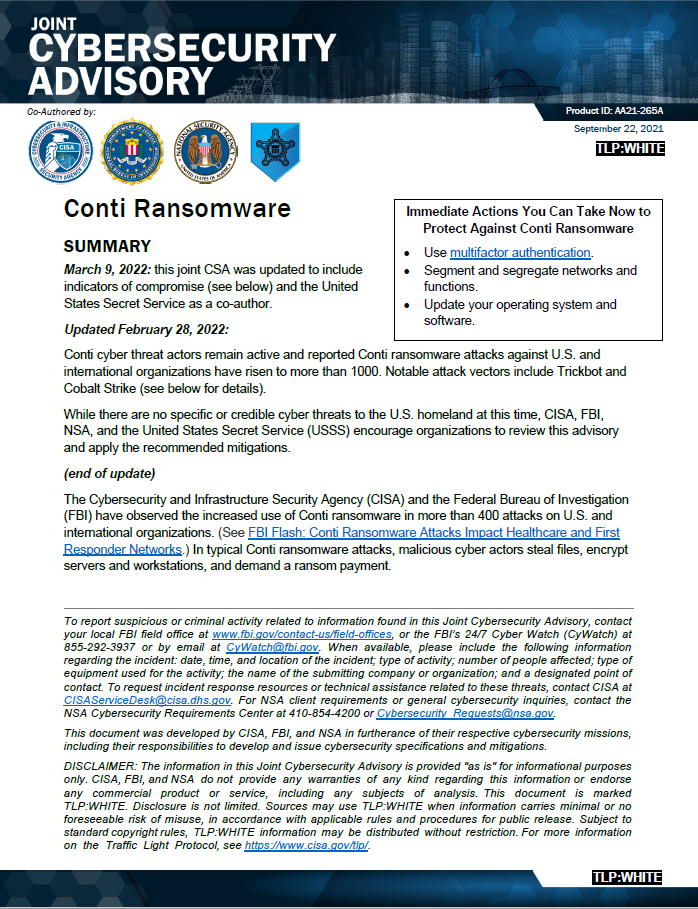  CSA: Conti Ransomware (March 2022 Update)
