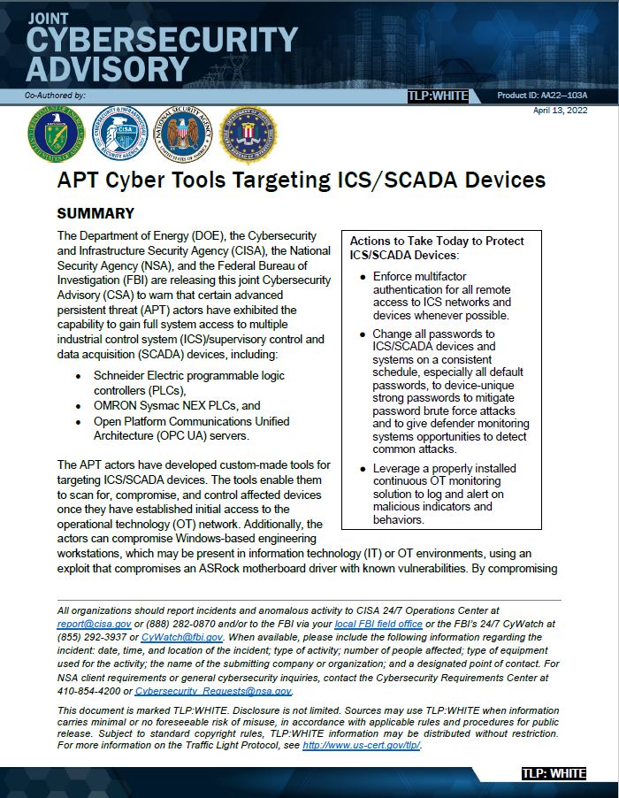  CSA: APT Cyber Tools Targeting ICS/SCADA Devices