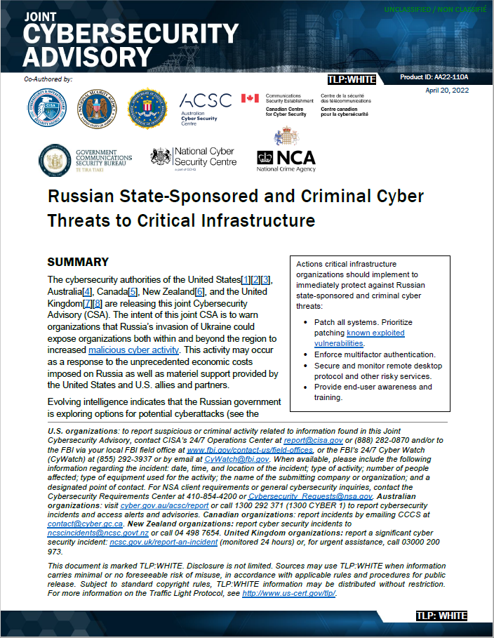  CSA: Russian State Sponsored and Criminal Cyber Threats to Critical Infrastructure