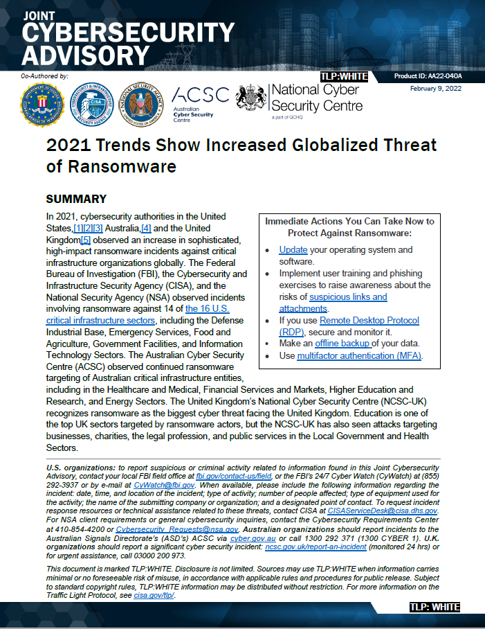  CSA: 2021 Trends Show Increased Globalized Threat of Ransomware
