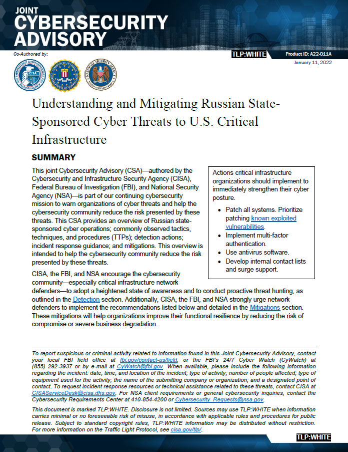  CSA: Understanding Mitigating Russian Cyber Threats to US Critical Infrastructure