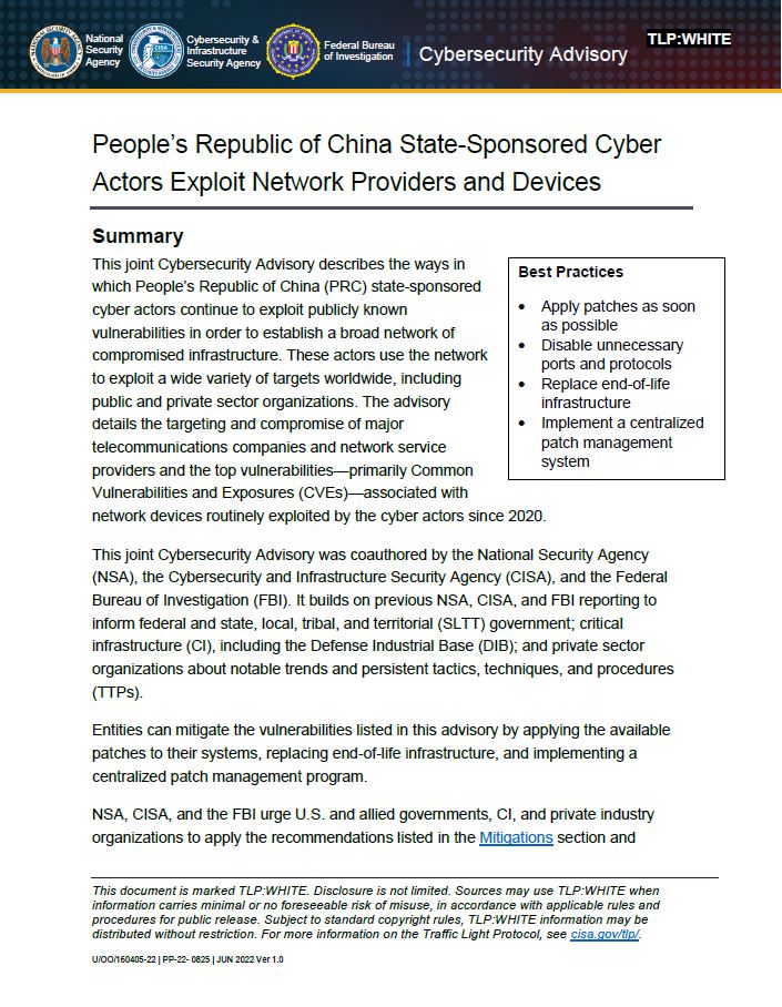  CSA: People’s Republic of China State-Sponsored Cyber Actors Exploit Network Providers and Devices (June 2022)