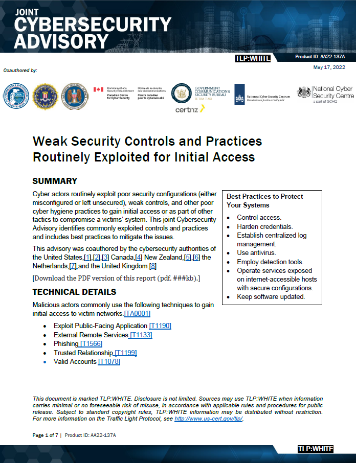  CSA: Weak Security Controls and Practices Routinely Exploited for Initial Access